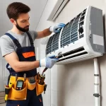 DALL·E 2025-03-15 12.20.13 - A professional HVAC technician installing a new air conditioning unit on a residential wall. The technician is wearing safety gear, using tools, and e