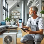 DALL·E 2025-03-15 12.23.49 - An HVAC specialist testing indoor air quality in a modern home. The specialist is using an air quality monitor and checking ventilation systems. The b