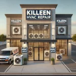 DALL·E 2025-03-15 12.29.16 - A modern HVAC company building with a large sign that says 'Killeen HVAC Repair.' The building has a professional exterior with glass windows, HVAC eq