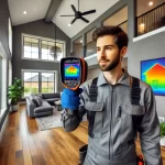 DALL·E 2025-03-15 12.50.40 - An HVAC technician conducting an energy efficiency inspection in a modern Killeen home. The technician is using a thermal imaging camera to detect air