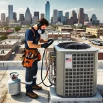 DALL·E 2025-03-15 12.50.43 - An HVAC technician servicing a rooftop air conditioning unit on a commercial building in Killeen. The technician is wearing safety gear and using tool