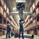 DALL·E 2025-03-15 12.50.46 - An HVAC team installing a new ventilation system in a large warehouse in Killeen. The team is working with ductwork and industrial fans, ensuring prop